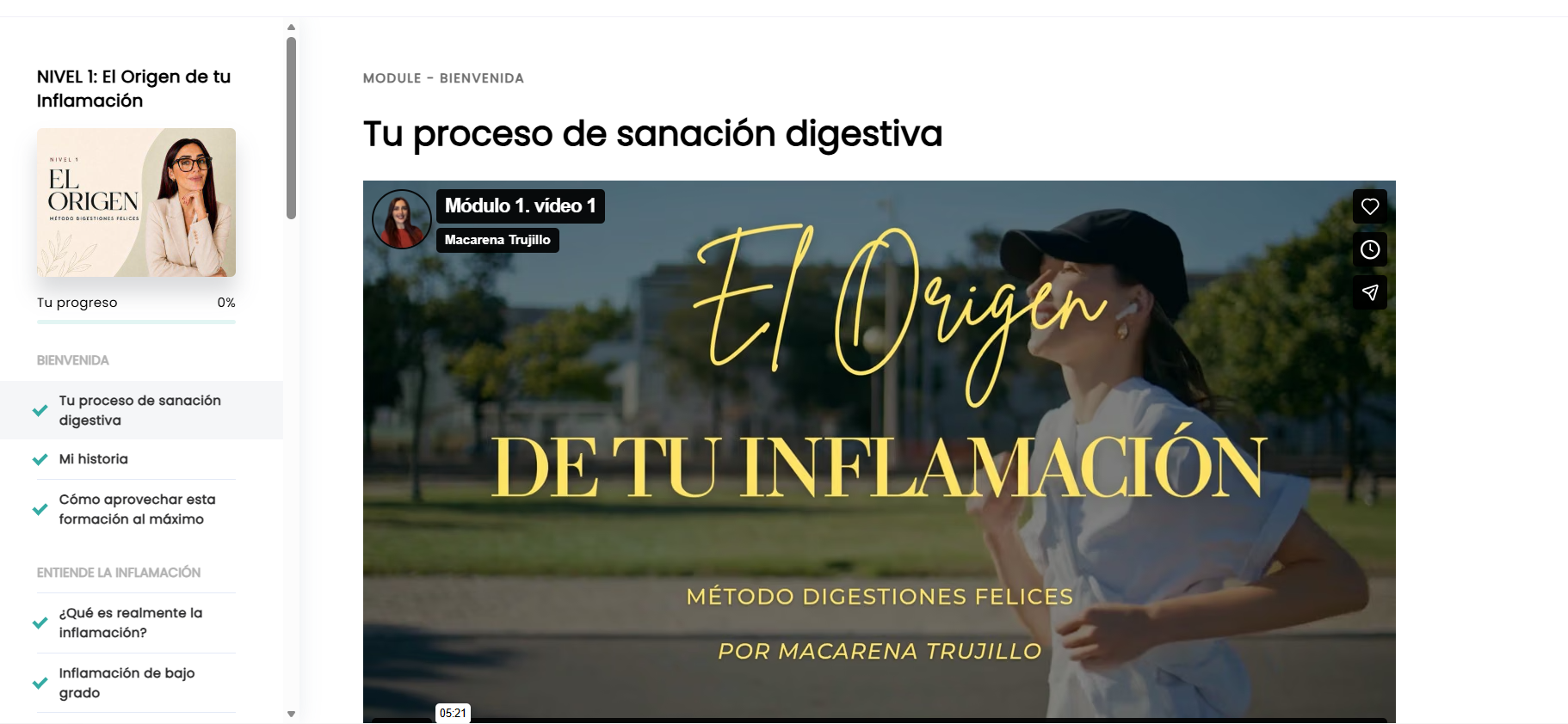 Área privada del Nivel 1 · El Origen con los módulos y lecciones en vídeo